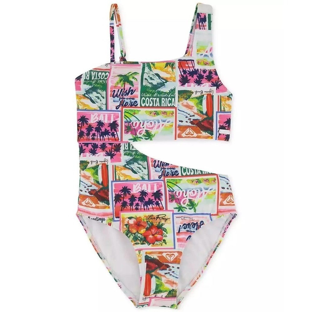 Roxy Girls Tropical Postcard Cutout One Piece Swimsuit One Shoulder Size 14 NWT